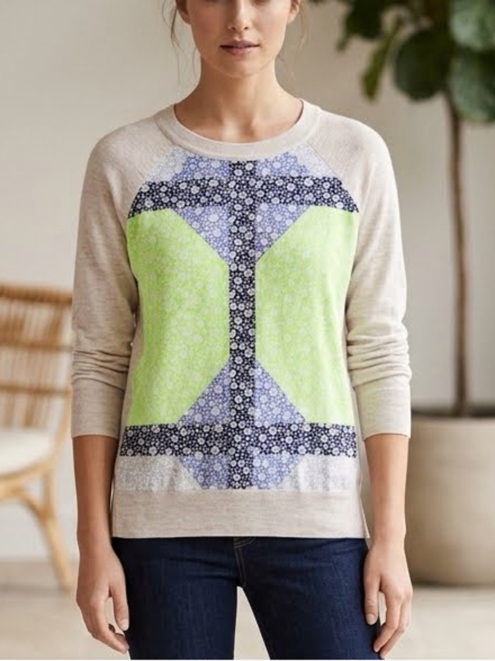 JCREW vintage vibes Neutral Pullover Sweater with Neon Lime & Navy! S